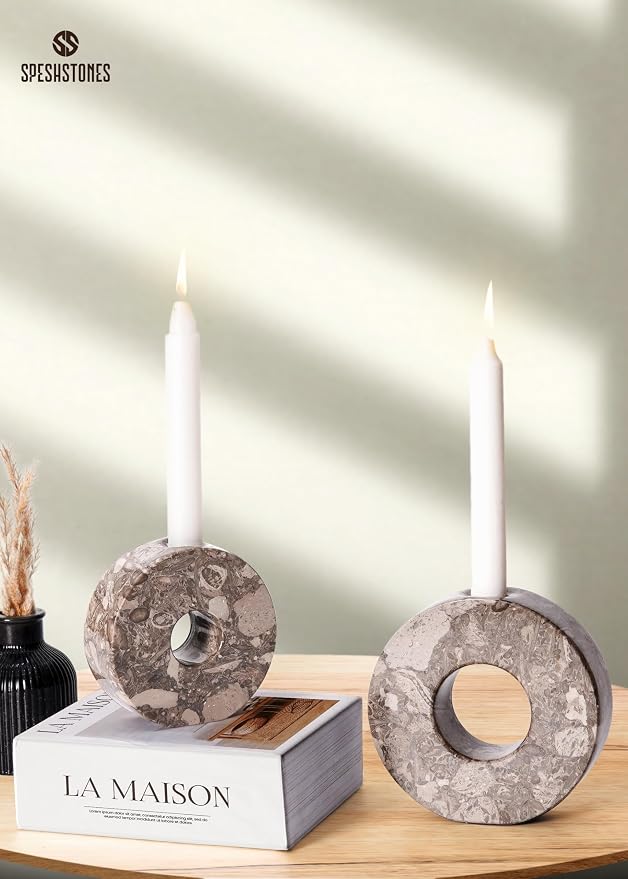 Marble Candle Holder Set of 2 Handmade Candlestick Holders for Taper Candles, Stone Candle Holders for Candlesticks, Centerpieces for Tables & Entryway Table Decor, Candle Stick Holders