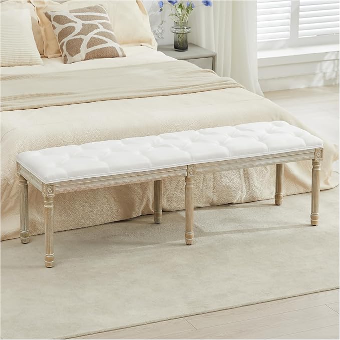 LOULENS 57.7" Linen Fabric End of Bed Bench King Size, French Upholstered Tufted Bench with Carved Wood Legs for Bedroom, Window Seat, Living Room, Entryway, White