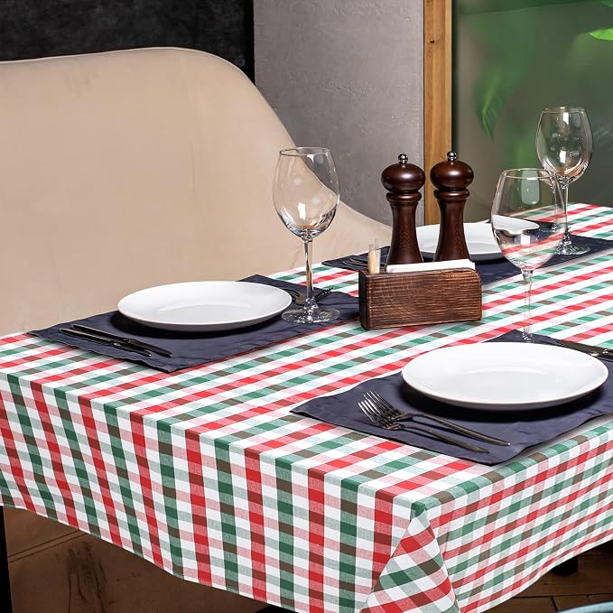 Urban Villa Tablecloth Christmas Tabletop Cover Kitchen Dining Tablecloth 100% Cotton Holiday Celebrations Wedding Dinner Parties Red/Green/White Color Rectangle 60X84 Inches 6-8 Seats Table Cloth