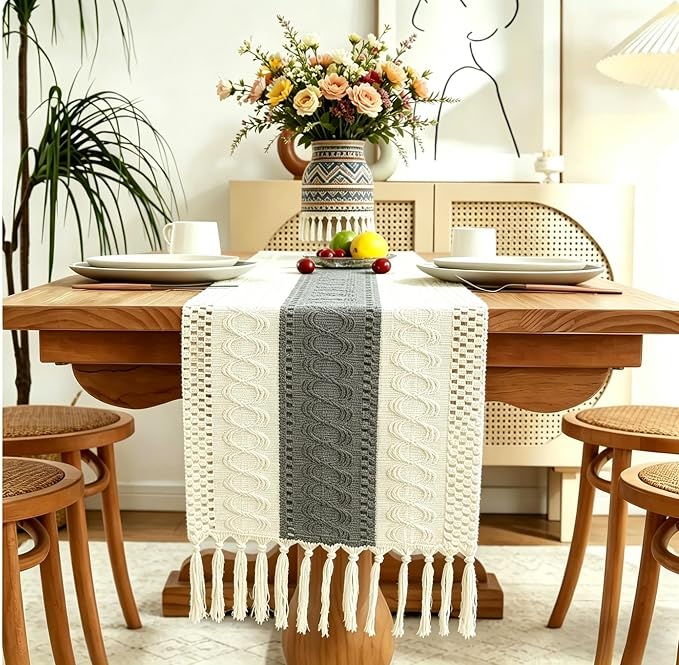 Boho Table Runner for Home Decor with Tassels 72 Inches Long , Farmhouse Rustic Grey Table Runners for Bohemian Kitchen Dining Table(12x72in)