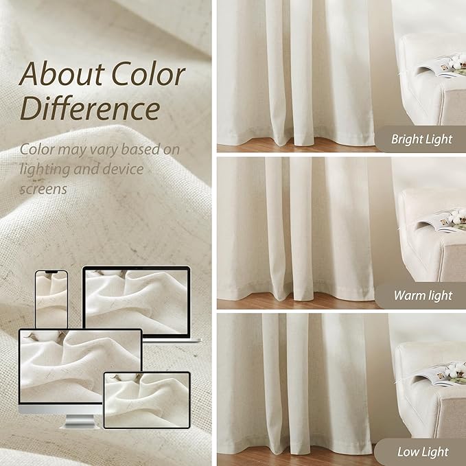 RYB HOME Linen Blend Curtains 63 inch Length - Semi Sheer Curtains & Drapes Light Filtering for Bedroom Bathroom, 52" W x 63" L, 2 Panels
