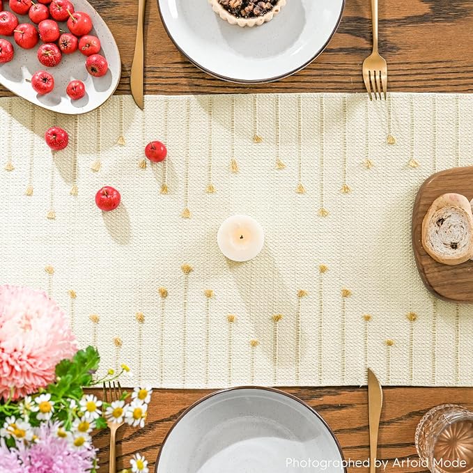 Artoid Mode Burlap Brown Boho Table Runner for Farmhouse Rustic, Seasonal Holiday Macrame Burlap Kitchen Dining Table Decoration for Home Party Decor 13x36 Inch