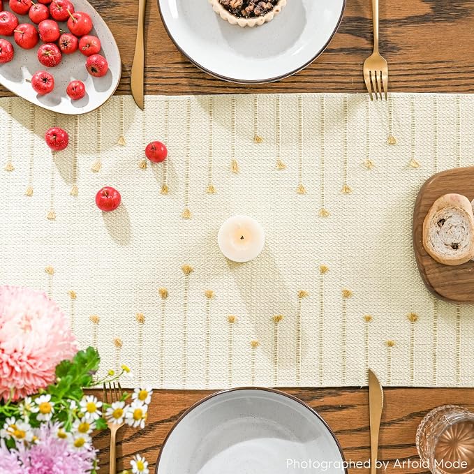 Artoid Mode Burlap Brown Boho Table Runner for Farmhouse Rustic, Seasonal Holiday Macrame Burlap Kitchen Dining Table Decoration for Home Party Decor 13x60 Inch