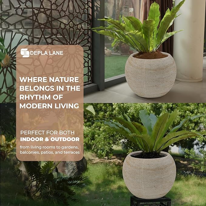Marlo Fiberstone Round Planter (8.5" Pot Opening x 12.6" D x 9.8" H) Ribbed Finish, Lightweight, Durable, UV Resistant, Modern Home Decor, Indoor Outdoor Pot (S, Ribbed Travertine Beige)