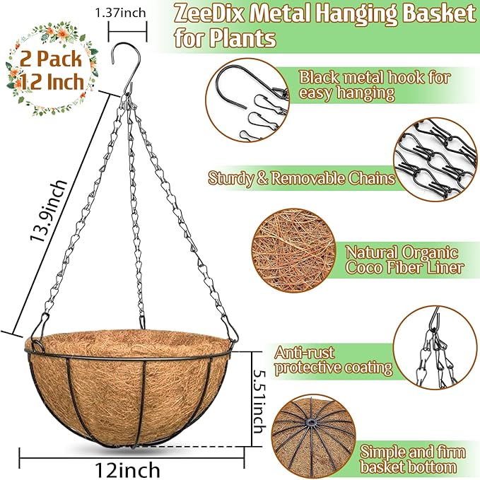 ZeeDix Outdoor Hanging Baskets, 2 Pack 12 Inch Metal Round Wire Hanging Planter with Coconut Liners Replacement, Hanging Flower Pots for Outdoor Plants Flowers