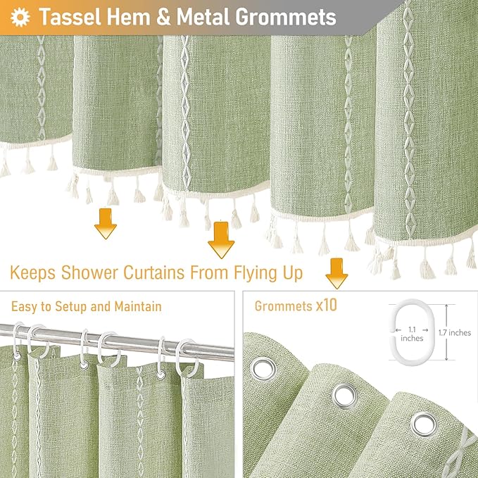 BTTN Boho Farmhouse Shower Curtain - Linen Rustic Heavy Duty Striped Fabric Shower Curtain Set, Bohemian Vintage Country Cloth Shower Curtains for Bathroom, Sage Green, 60" W x 72" L (Pack of 1)