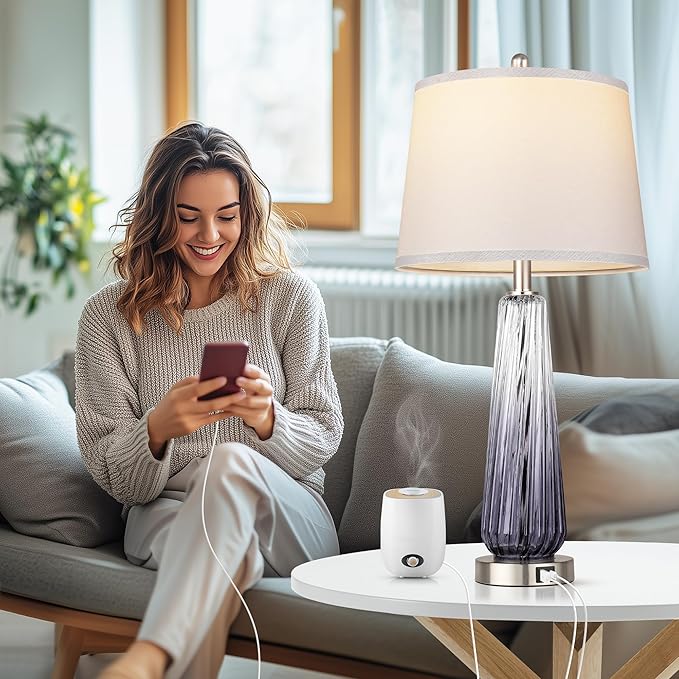 Glass Table Lamps for Living Room, Modern Bedside Lamps with USB A+C Ports, 3-Way Dimmable Touch Control Nightstand Lamp with White Linen Shade, 27.5" Large Lamps for Bedrooms Decor, Grey, 1 Pack