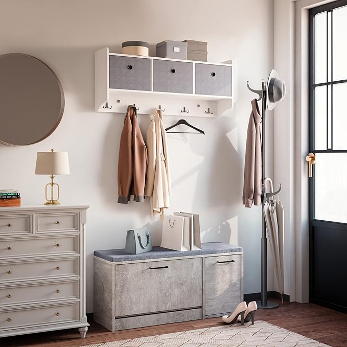 Mondeer Coat Rack with Shelf, Storage Unit Wall Mounted with 3 Baskets 5 Hooks Wooden Modern Style for Hallway Entryway Living Room, 38.5'' x 15.8'' x 8.7'', White