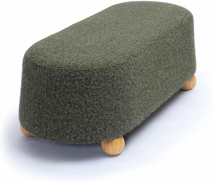 First of a Kind Living Room Ottoman in Forest Green Faux Mohair - Modern Bedroom Ottoman with Spherical Solid Wood Legs - Fiber-Wrapped Foam - Easy Clean, Minimal Assembly