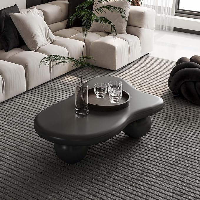 40" Black Modern Coffee Table Cloud Shape Low Center Table with 3 Ball Legs Cute Irregular Indoor Tea Table for Living Room Small Space