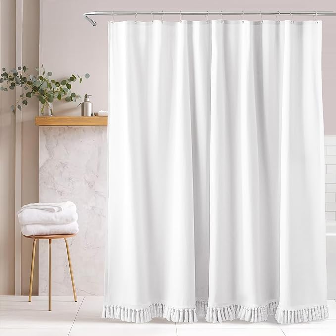 Extra Long Shower Curtains 72 x 84 Inches White Linen Shower Curtain with Tassels,Modern Farmhouse Country Shower Curtain