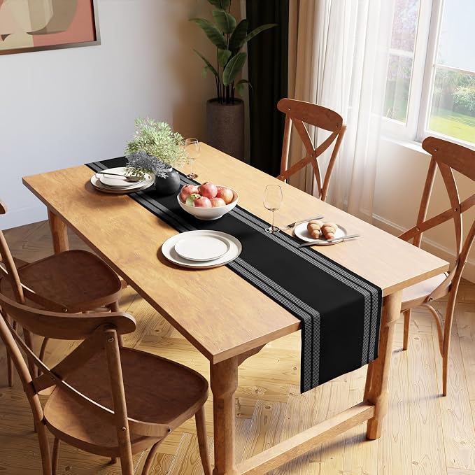 Encasa XO Dining Table Runner 13"x72" | Yarn Dyed Fine Ribbed Cotton | Ladder Black | Machine Washable