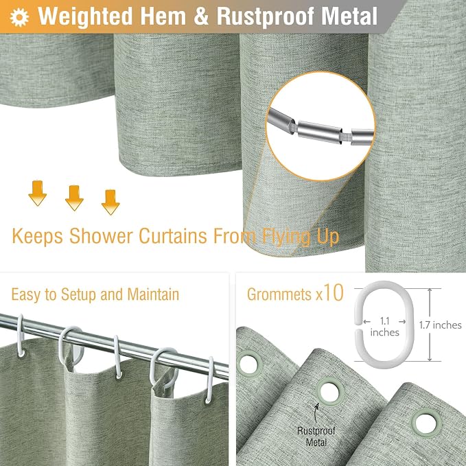 BTTN Stall Fabric Shower Curtain - 60 x 84 Inch Long Linen Textured Heavy Duty Shower Curtain Set with 10 Plastic Hooks, Narrow Decorative Neutral Waterproof Shower Curtains for Bathroom, Sage Green