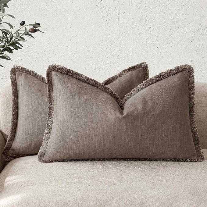Foindtower Set of 2 Decorative Linen Fringe Lumbar Throw Pillow Covers Boho Farmhouse Cushion Cover with Tassels Accent Pillowcase for Couch Sofa Bed Living Room Home Decor,12×20 Inch,Light Coffee