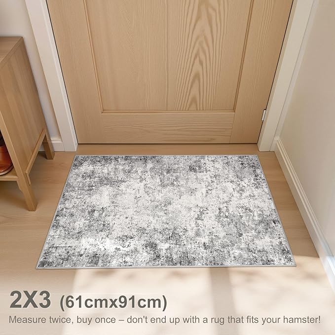 UERMEI 2x3 Entryway Area Rug: Washable Neutral Modern Abstract Small Rug - Non-Slip Low Pile Throw Indoor Carpet for Entrance Kitchen Front Door Mat Bathroom Entry Kids Room - Grey