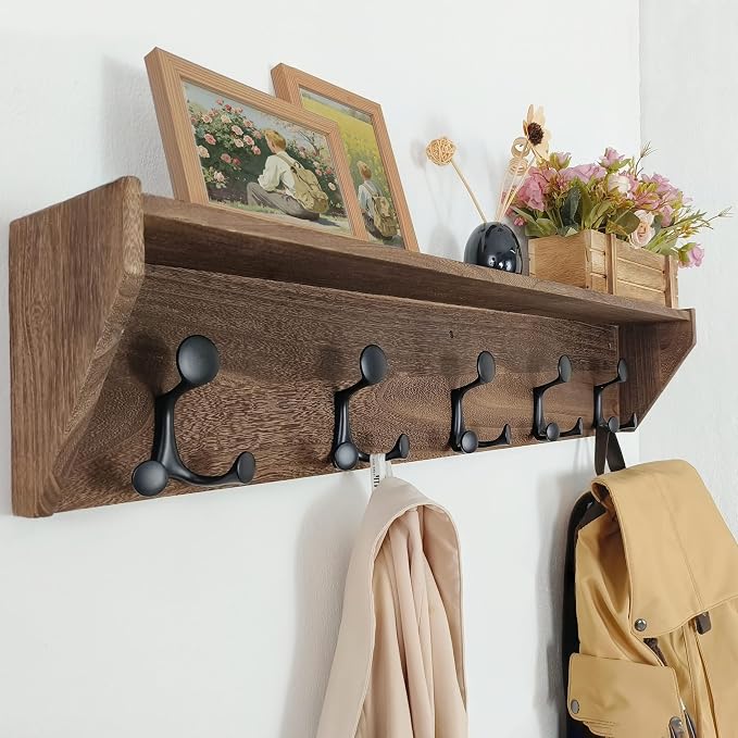 SKOLOO Wall Shelf with Hooks, 35-Inch Weathered Brown Wall Mounted Coat Rack with Shelf Organizer - Lightweight & Sturdy, 5 Tri Hooks - Perfect for Entryway, Hallway, Living Room, Bedroom, Mudroom