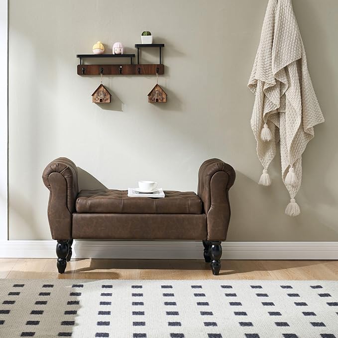 Armed Storage Bench for End of Bed, Modern Brown Bedroom Bench with Wood Legs Upholstered Faux Leather Entryway Bench with Storage, Button Tufted Window Bench for Living Room, Reception