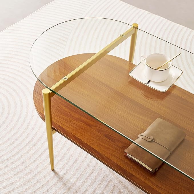 LumFurn Oval Glass Coffee Table, Mid-Century Modern Design, L41 x W21 x H17 inch, for Living Room, 2-Tier Structure, Clear Glass Top and Walnut Finish Wood Shelf, Conical Legs with Gold Finish Frame