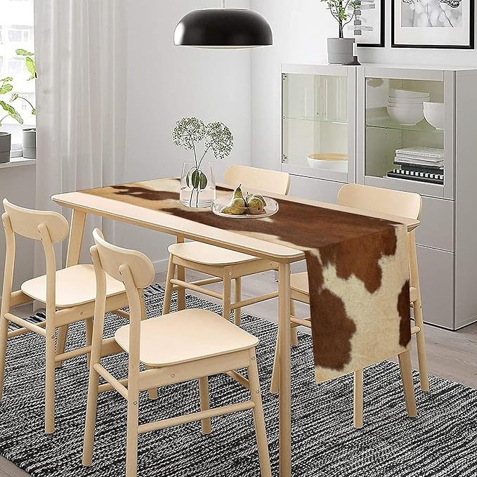 Cow Print Table Runner,Farmhouse Western White Brown Cowhide Pattern Table Runner for Coffee Table Dining Room Table Bedroom Party Holiday Decor 13x36inch