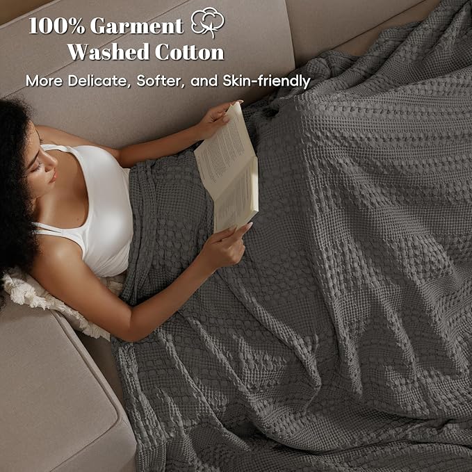 PHF 100% Cotton Waffle Weave Blanket Twin Size for Bed, Soft Lightweight & Breathable for Spring and Summer, All-Season Comfort, Luxury Aesthetic Blanket for Home Decor, 66"x90", Charcoal Grey