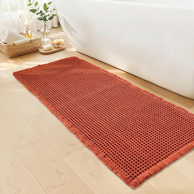 Waffle Bath Mat - Boho Bathroom Rugs Non Slip Washable, Super Absorbent & Quick Dry, Soft Bath Mat Farmhouse Bathroom Decor, 20'' x 48'', Dirty Orange