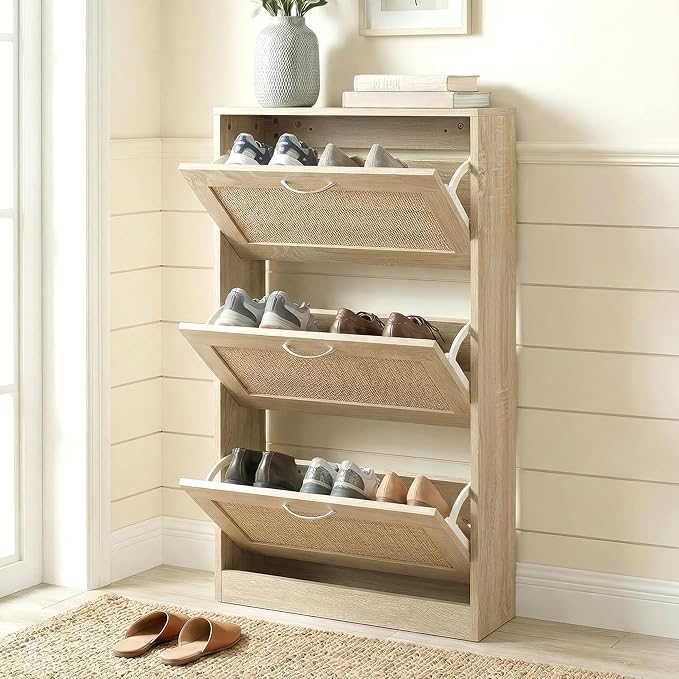 HOPUBUY Rattan Shoe Cabinet for Entryway, Narrow Shoe Storage Cabinet with 3 Flip Drawers, Hidden Shoe Cabinet Wood 3 Tier Slim Shoe Rack for Home and Apartment, Nature | Shoe Storage Cabinet, Hidden, Shoe Cabinet Wood, Slim, Shoe Rack