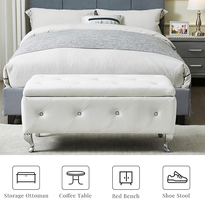 Modern Tufted Ottoman Bench with Crystal Buttons Decor, 38" PU Leather Upholstered Storage Bench End of Bed Storage Ottoman Footrest for Bedroom Living Room Entryway (White)