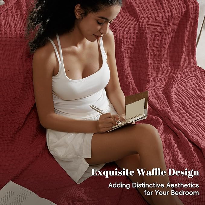 PHF 100% Cotton Waffle Weave Blanket Twin Size for Bed, Soft Lightweight & Breathable for Spring and Summer, All-Season Comfort, Luxury Aesthetic Blanket for Home Decor, 66"x90", Wine Red