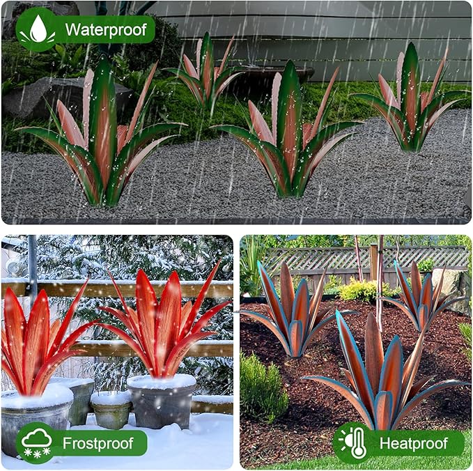 TOMBABY Enlarge Thickened Wind Resistant Metal Agave Garden Art Metal Plant Country Garden Sculpture Statue Outdoor Decoration Agave Metal Plant Courtyard Lawn Ornament Gift (2, 12 Leaves Green)