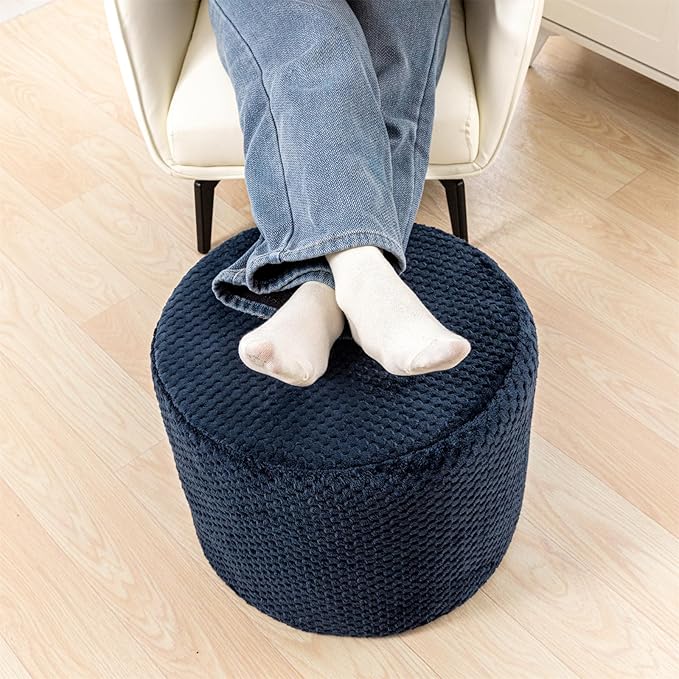 Ottoman Foot Rest Stuffed Round Boho Comfortable Floor Poof Seating Armchair Foot Stool Floor Cushion Bean Bag Pouf Ottoman 18x18x14 Inch Navy Blue