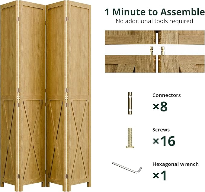 Cozy Castle 4 Panel Folding Room Divider, Solid Wood Privacy Screen, Freestanding Partition Wall, Temporary Wall for Home/Office/Bedroom/Restaurant, Natural