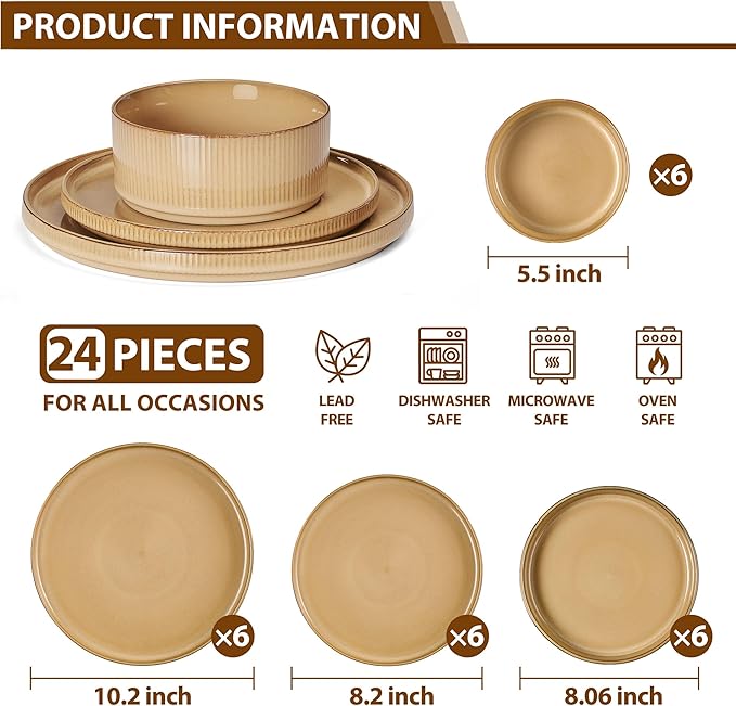 LIANYU 24 Piece Dinnerware Plates and Bowls for 6, Ceramic Elegant Stoneware Dishes Sets with Pasta Bowls, Modern Ribbed Dining Ware Dishware for Restaurant Wedding, Dishwasher Safe, Dune Khaki