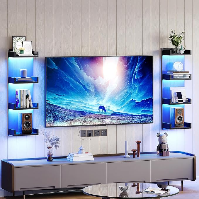 HOOBRO Floating Wall Shelves with LED Lights, Floating Shelf Wall Mounted for Storage, Vertical Display Stand, Modern Column Rack, for Bedroom, Livingroom, 4-Tier, 35.8 Inches, Black, BK41DBJ01
