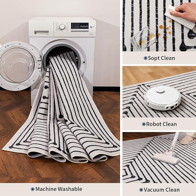 YIHOUSE Washable 2x8 Runner Rug for Hallway Non Slip, Black and White Rug Runners for Entyway Kitchen Non Skid Low Pile, Modern Geometric Carpet Runner for Bathroom Bedroom