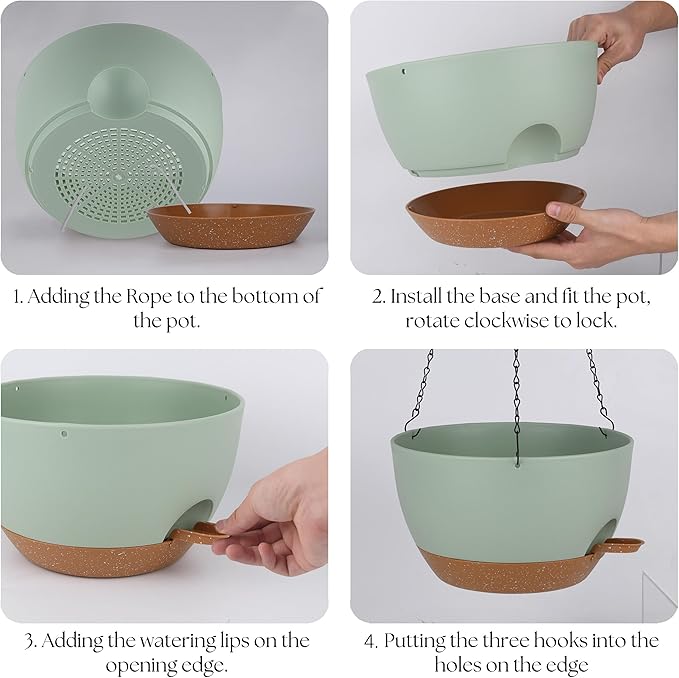 TYMENSH Hanging Plant Pots 12 inch Set of 2, Self Watering Hanging Planters with Drainage Holes, Indoor Outdoor Plastic Flower Pots with Hanging Chains for Balcony, Porch, Garden, Home Décor, Green