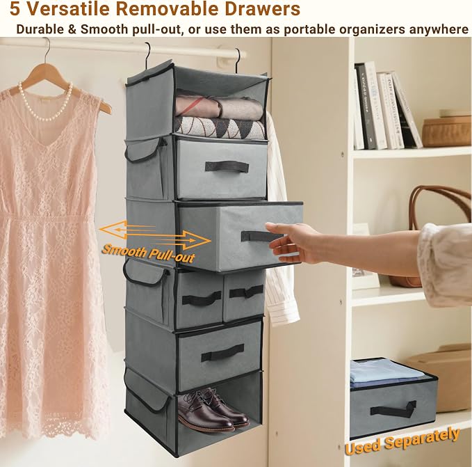 Durable 6-Tier hanging closet organizer with 5 Drawers & 3 Side Pocket,Thickened Fabric Hanging Shelves Holder with Sturdy Hook,Space-saving Storage Organization for Bedroom,Dorm,Guestroom,RV,Bathroom