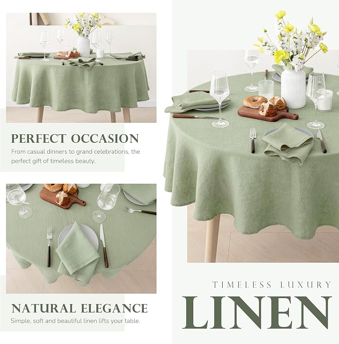 Triton French Linen Tablecloths 90Inches Round,100% Natural Table Clothes for Dining,Parties,Picnic,Events,Weddings and Restaurants,Sage