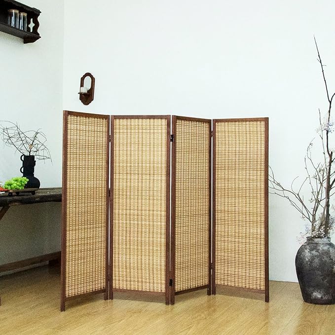4 Panel Short Room Divider – 3.9 ft Tall Double-Side Folding Privacy Screen, Natural Brown Bamboo Partition Wall for Home Office, Living Room & Corner Spaces