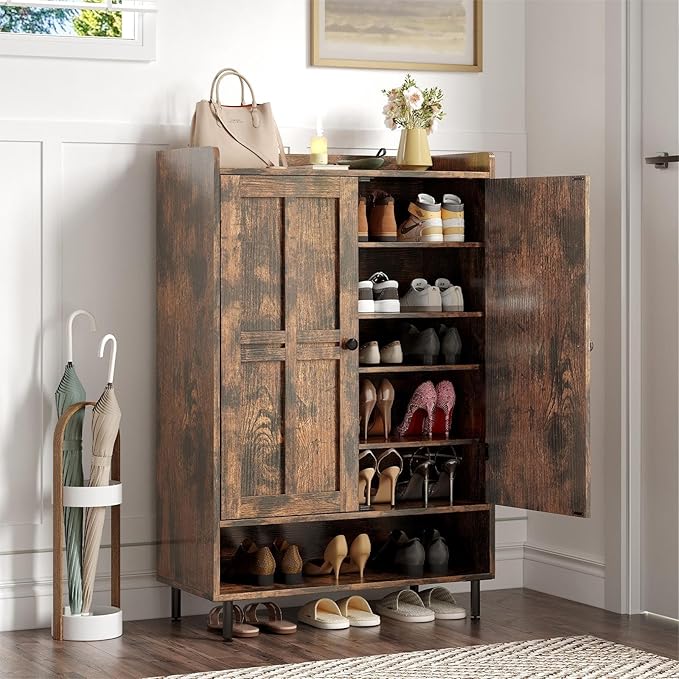 ONBRILL Shoe Storage Cabinet with Cross Molding Doors, 6-Tier Shoe Cabinet with 3 Adjustable Shelves and Metal Legs, 45 Inch Tall Shoes Rack Organizer for Entryway, Front Door, Rustic Brown
