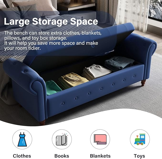 ODUWA 63 Inch Upholstered Tufted End of Bed Storage Bench with Arms,Larger Storage Space, End of Bed Bench for Bedroom Living Room Entryway (Blue-Fabric)