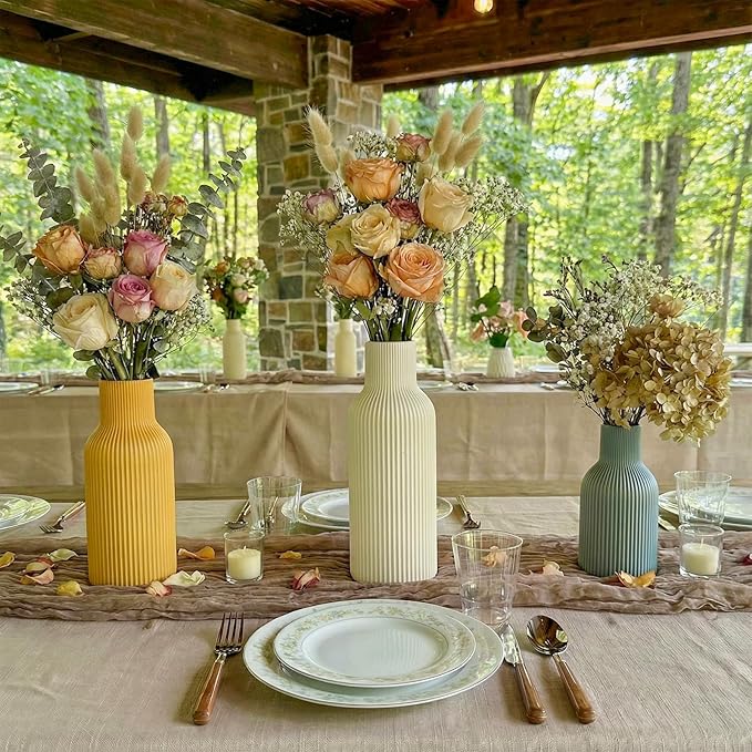 Colorful Ceramic Vases Set of 3, Matte 3D Vertical Ribbed,Minimalist for Pampas Grass, Dried & Fresh Flowers, Centerpiece for Living Room, Shelf, Entryway, Wedding (White, Yellow, Blue)