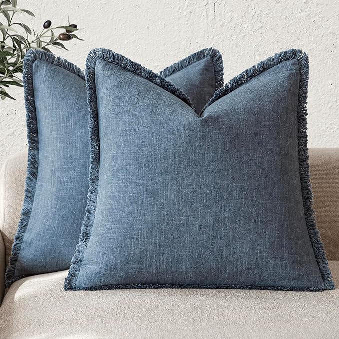 Foindtower Set of 2 Decorative Linen Fringe Throw Pillow Covers Cozy Farmhouse Cushion Cover with Tassels Accent Pillowcase for Couch Chair Sofa Bed Living Room Home Decor,20×20 Inch,Dark Blue
