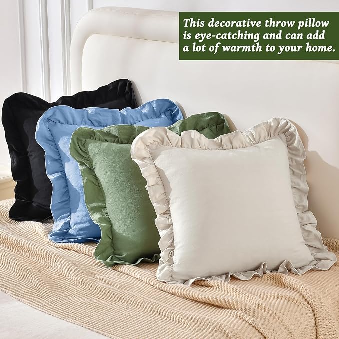 AmHoo Pack of 2 Throw Pillow Covers 100% Cotton Pre Washed Ruffle Decorative Pillowcase Cushion for Couch Sofa Bedroom 24 x 24-Inch Light Blue
