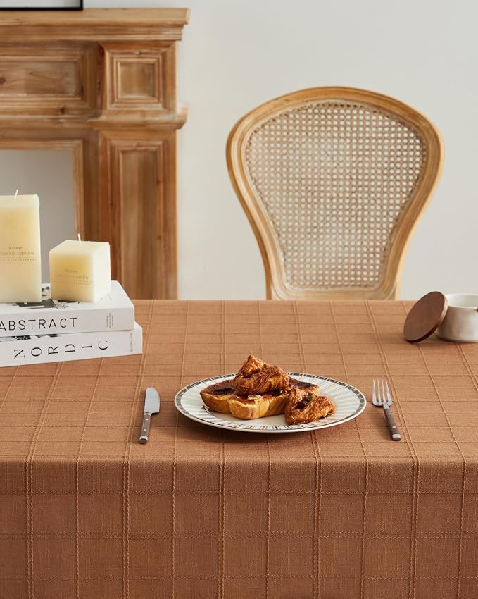 ZeeMart Linen Checked Table Cloth 60x104 Inches (Fit 6ft–7ft, Narrow Fit 8ft Rectangle Table), Farmhouse Style Plaid Embroidered Water Resistant Table Cover, Caramel
