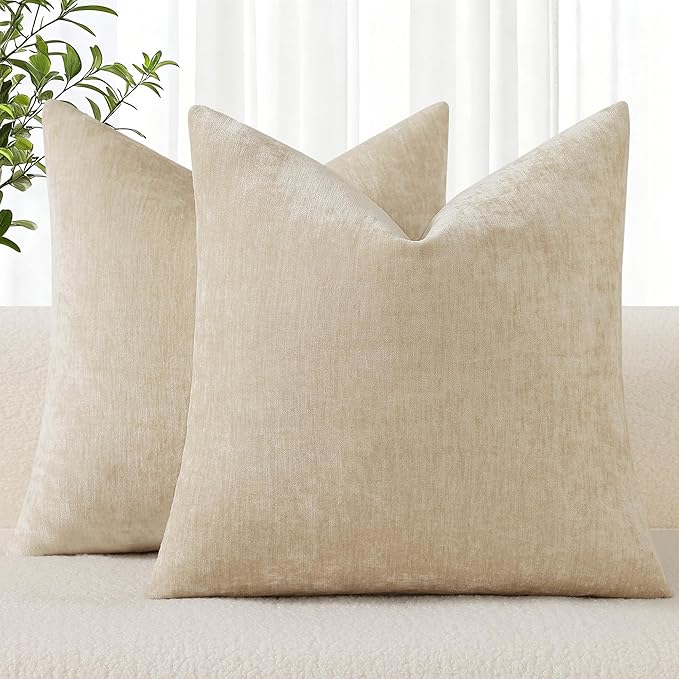 decorUhome Chenille Beige Throw Pillow Covers 22x22 Inch Set of 2, Decorative Soft Couch Pillow Covers Solid Dyed Accent Farmhouse Neutral Square Pillow Cases for Sofa