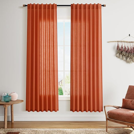 Bright Orange Linen Curtains 72 Inch Long for Living Room Bedroom Lightweight Door Drapes 2 Panels Set, Semi Sheer Light Filtering Back Tab or Rod Pocket Curtain,52x72