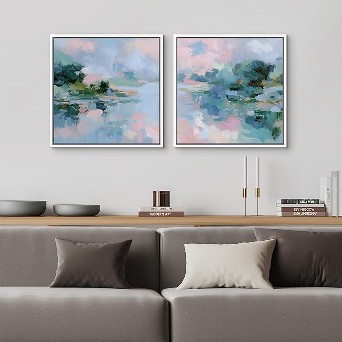 SIGNFORD Framed Canvas Print Wall Art Set Pastel Impressionist Landscape Artwork, Soft Blue Pink Illustrations Modern Art Minimal Relax/Calm for Living Room, Bedroom, Office - 16"x16"x2 WHITE
