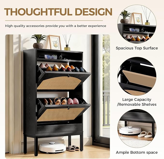 LUCKLIFE Shoe Cabinet with Charging Station, Flip Down Shoe Storage Organizer with Adjustable Shelves, Hidden Slim Shoe Rack with Anti-Tip Kit for Entryway or Hallway, Black Wood - 2 Pack