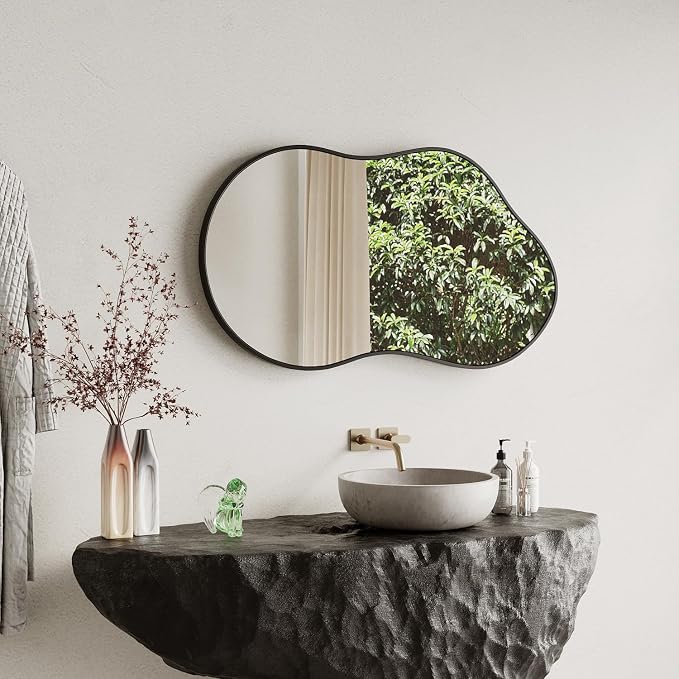 Irregular Wall Mirror - 26''×46'' Asymmetrical Decorative Tempered Glass Aluminum Alloy Framed Mirrors Cloud Mirror Wavy Mirrors for Bathroom, Bedroom, Living Room, Entryway（Black）