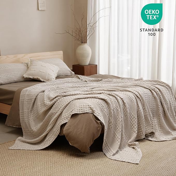 PHF 100% Cotton Waffle Weave Blanket Twin Size for Bed, Soft Lightweight & Breathable for Spring and Summer, All-Season Comfort, Luxury Aesthetic Blanket for Home Decor, 66"x90", Light Taupe/Oatmeal